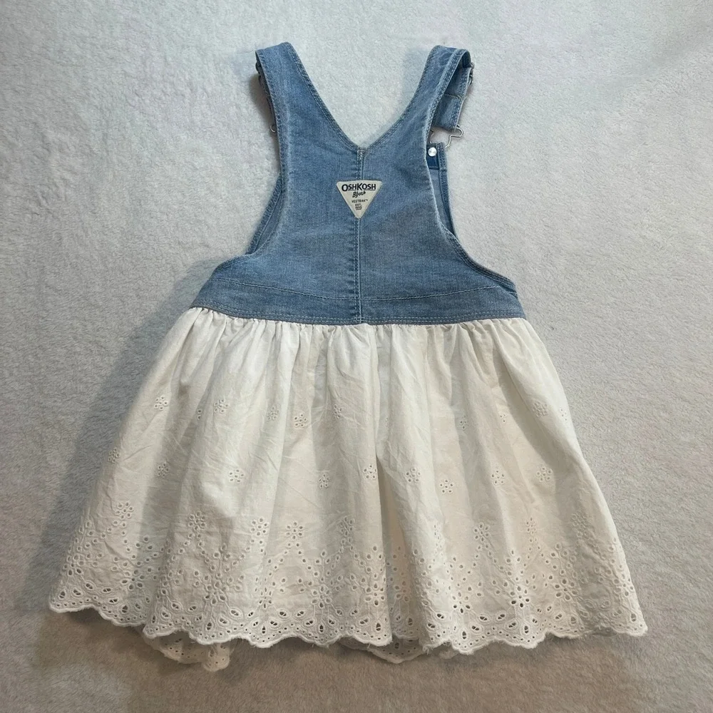 OshKosh Bgosh Girls Denim Eyelet Lace Bib Overall Dress Light Wash White Skirt